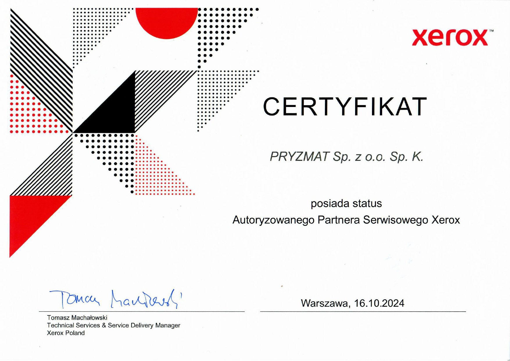 Certyfikat Xerox Autoryzowany Partner Serwisowy 16.10.2024 page 0001