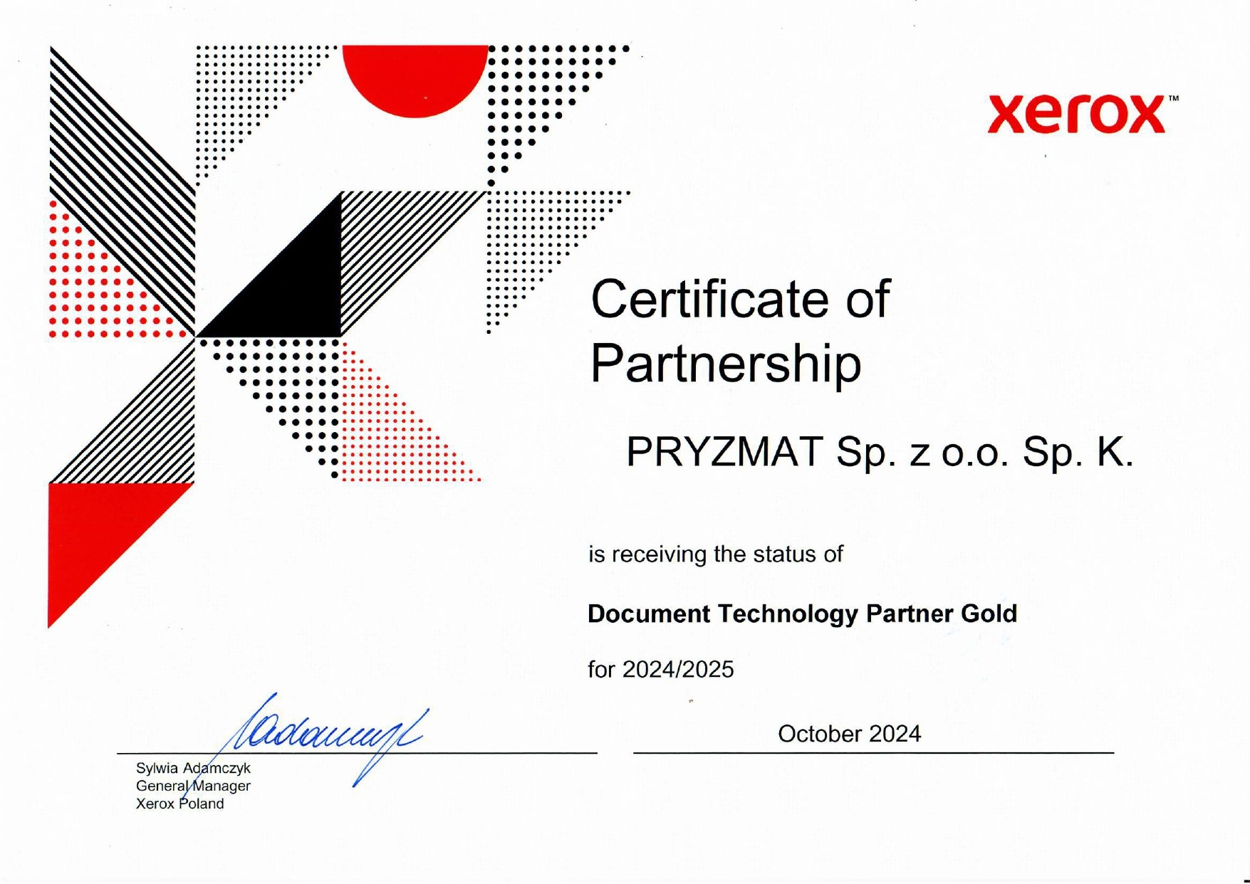 Certyfikat Xerox Partner Gold X 2024 page 0001