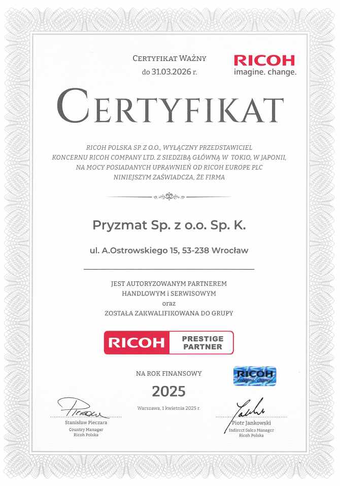 Certyfikat partner ricoh